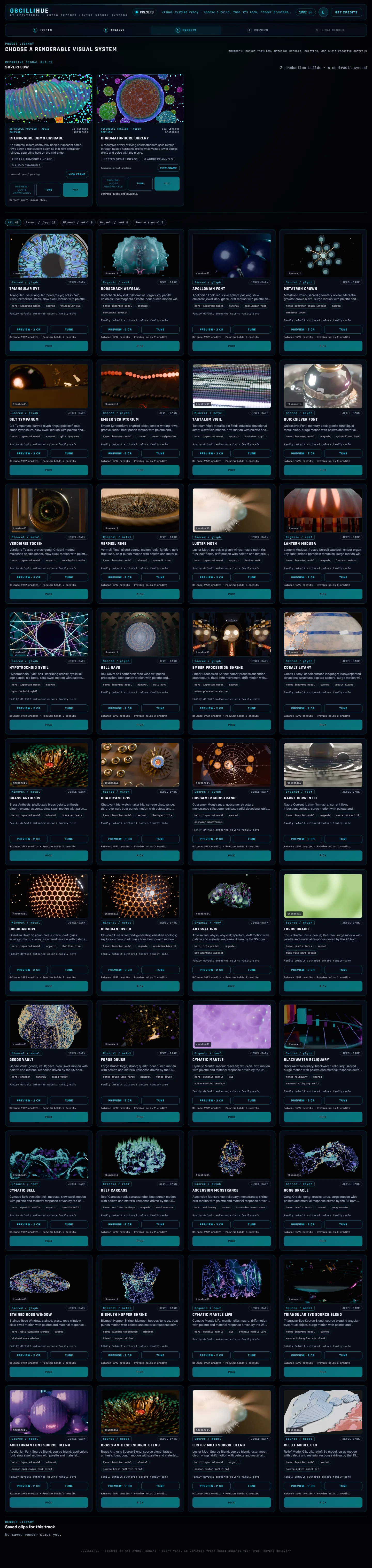 Oscillihue Presets library showing Superflow production builds and the complete 24-build visual catalog